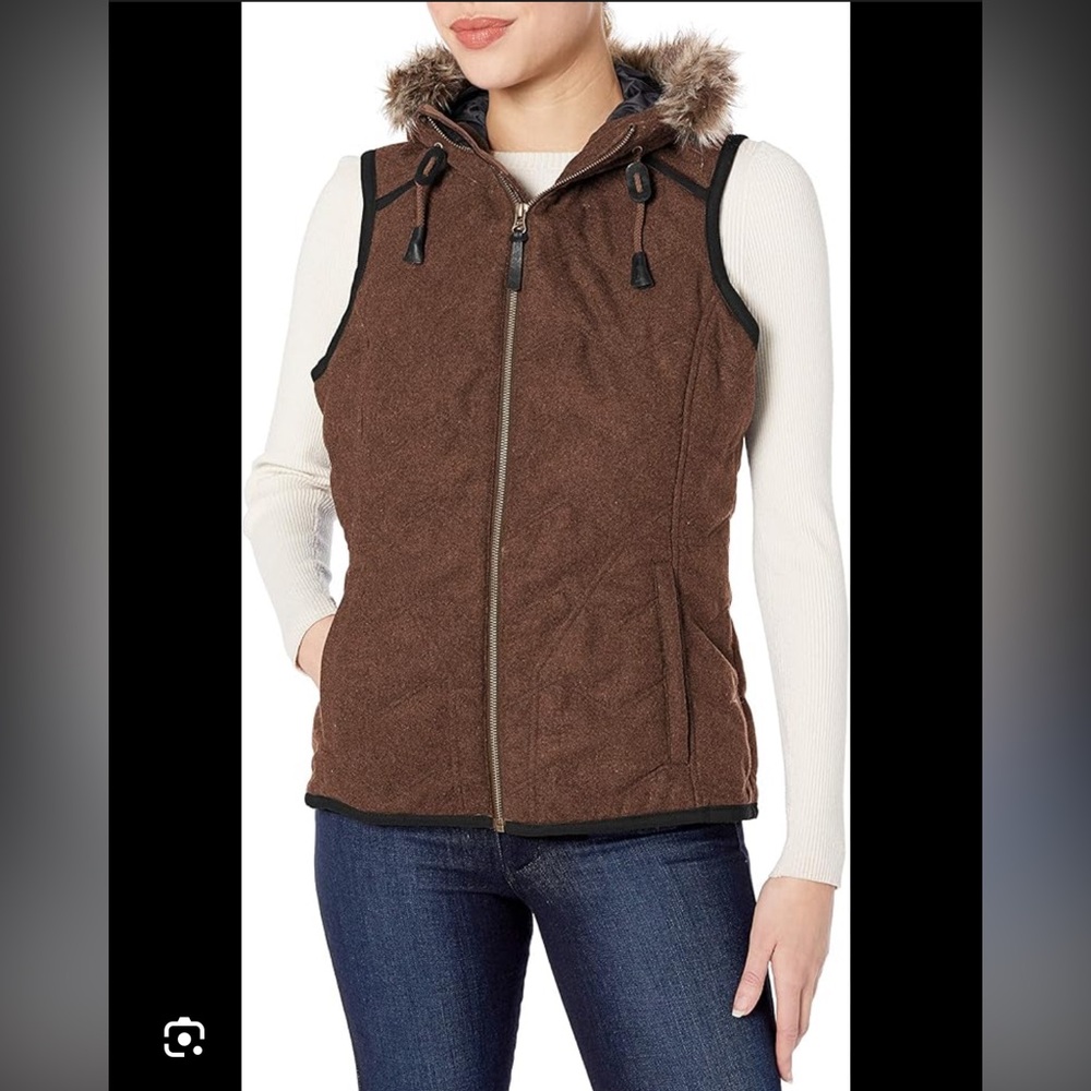 Prana Brown wool Vest with Faux Fur Trim